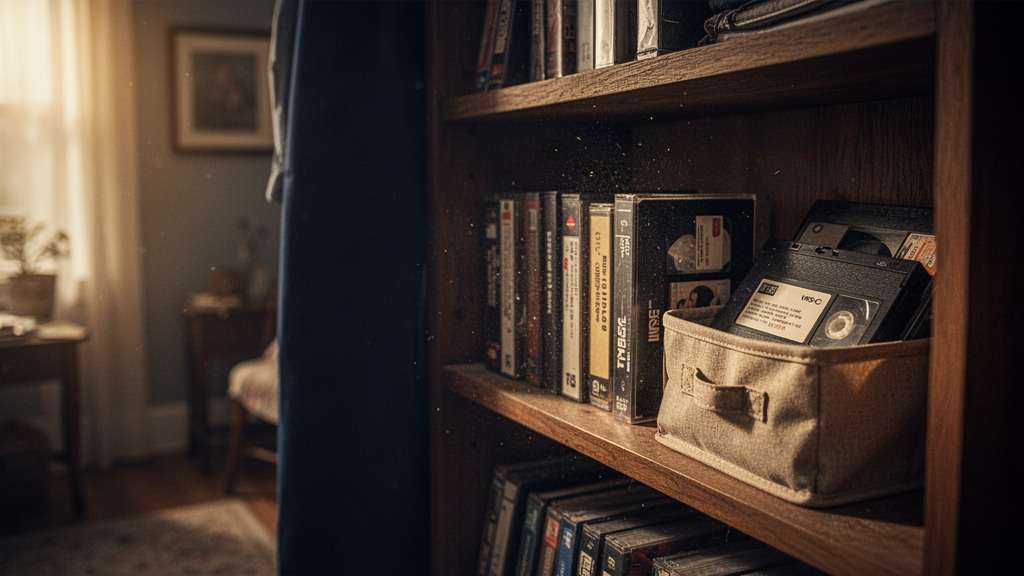 Old VHS and VHS-C tapes resting in a warm, nostalgic home storage space